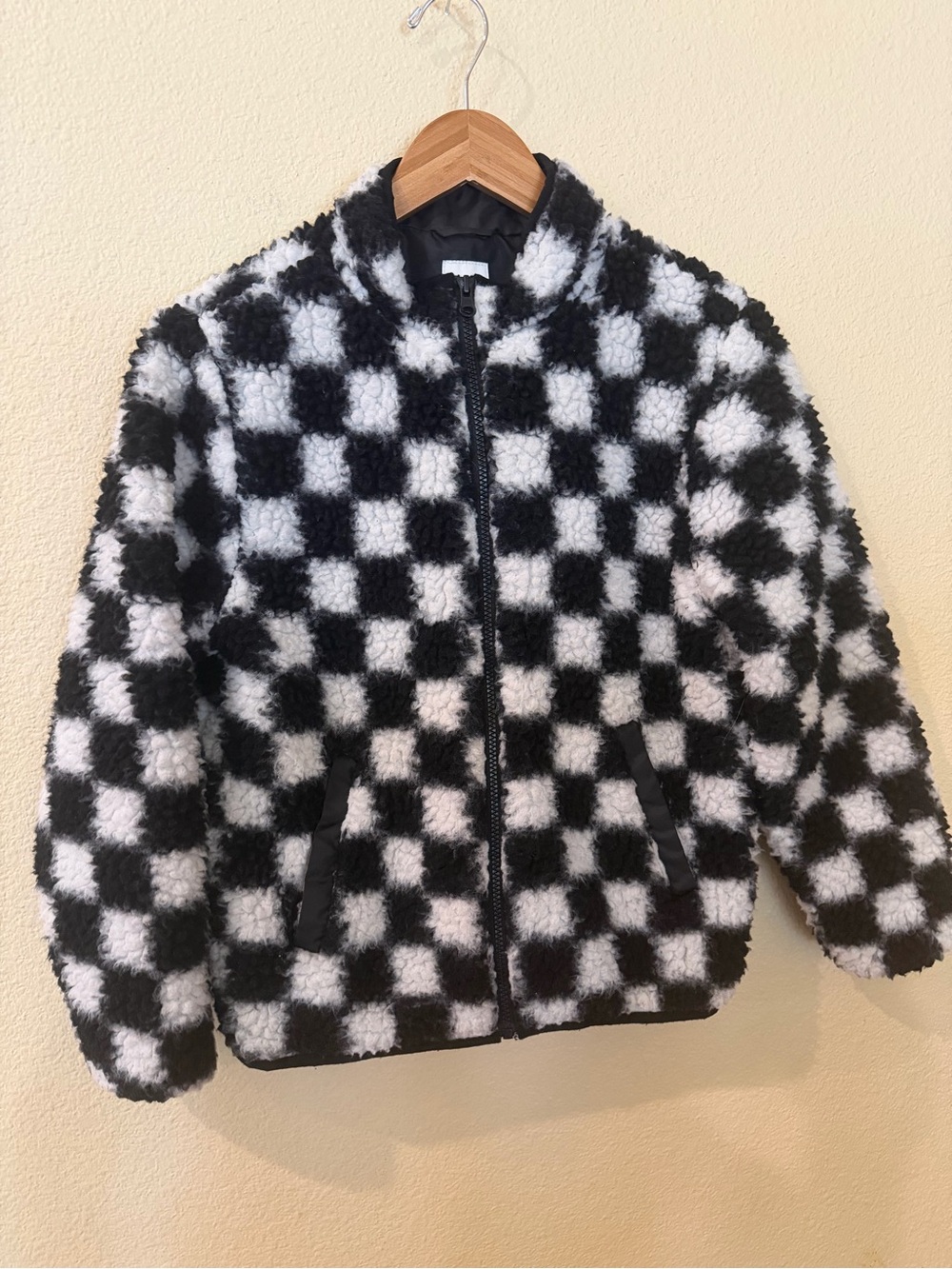 Black & White Checkerboard Fuzzy Zip Jacket